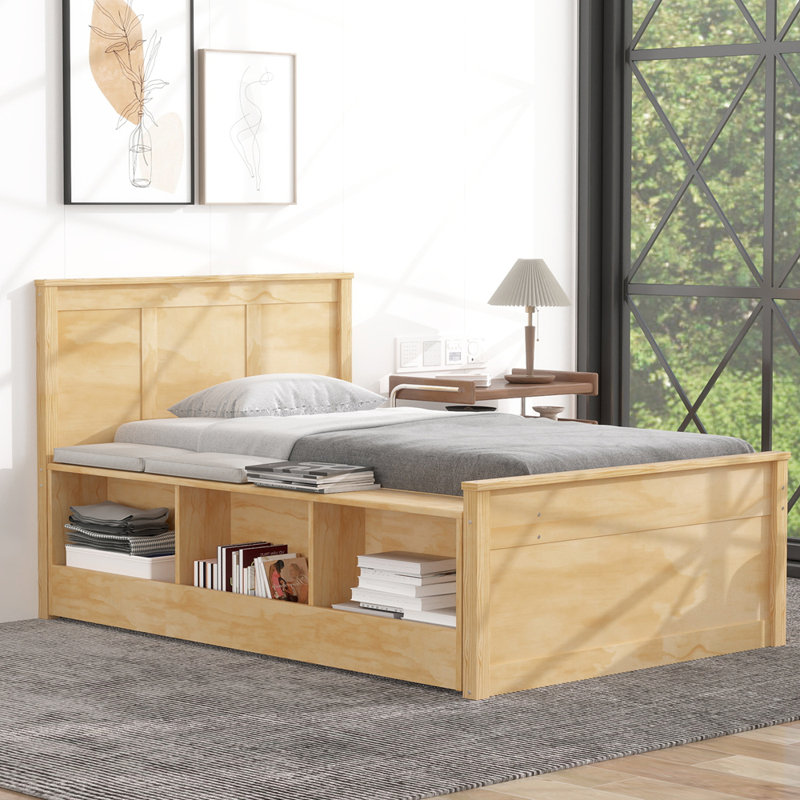 Lit plateforme en bois avec lit gigogne escamotable, armoire de rangement, Naturel, Lit simple