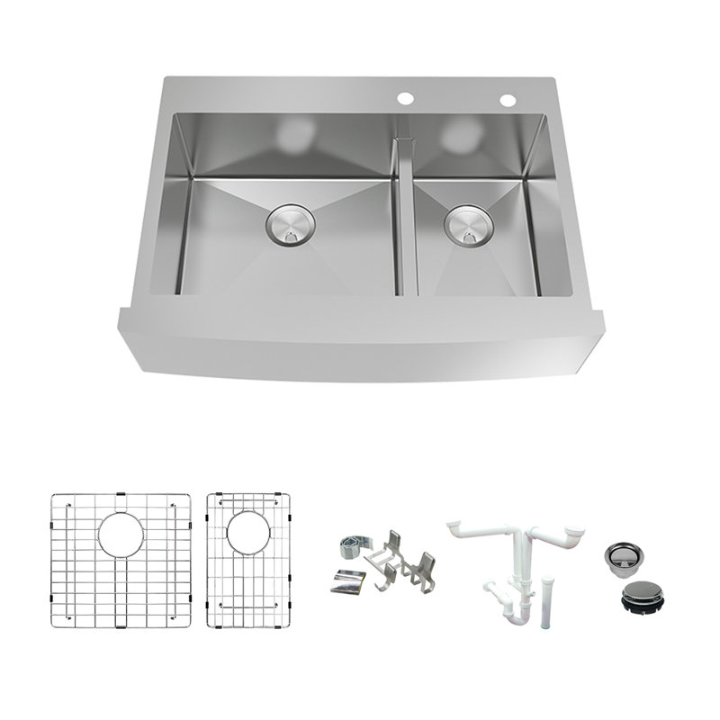 Évier de cuisine à double cuve avec filtre à panier L 36 po x l 26 po Diamond, 2 trous
