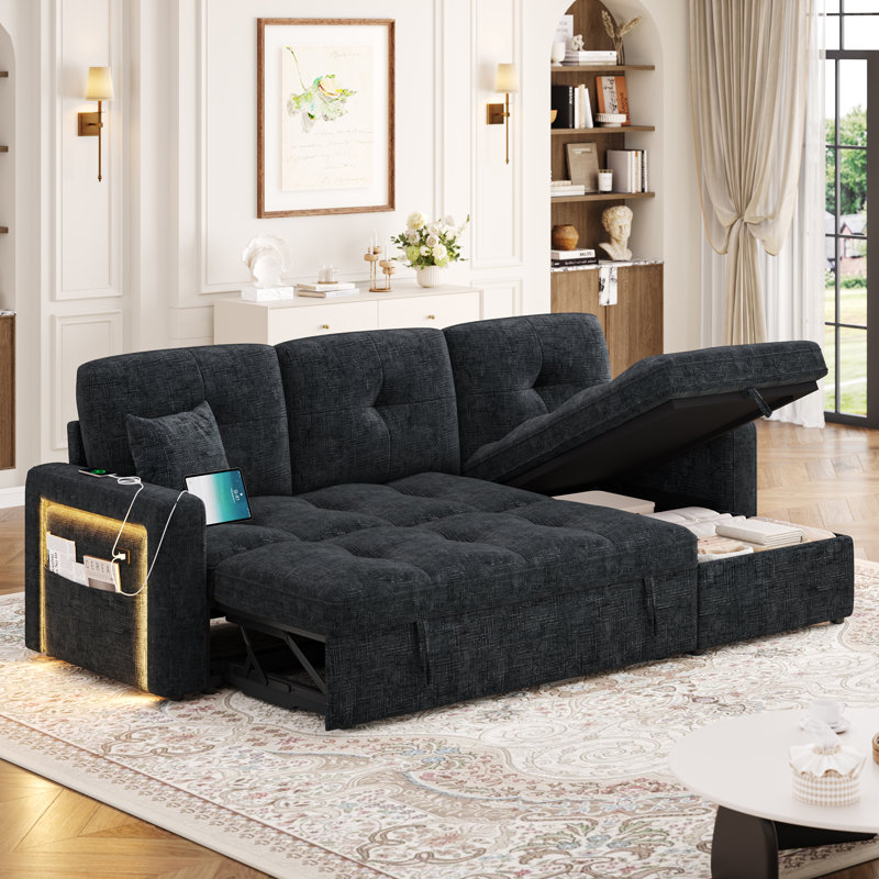 87" Sectional Sofa, L shaped Couch With Storage Chaise & Built-in USB ports, Chenille Black