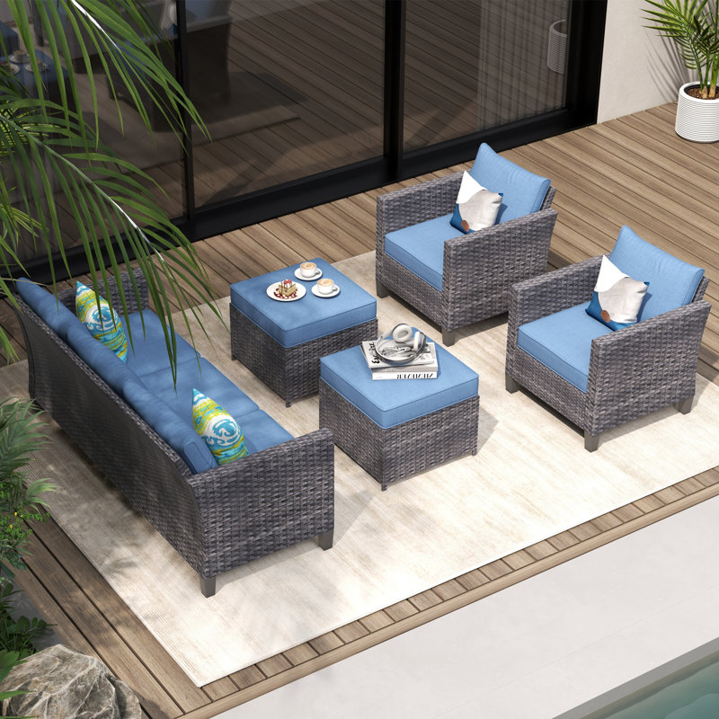 GRST Wicker 7 - Person Patio Conversation Set with Cushions, Blue
