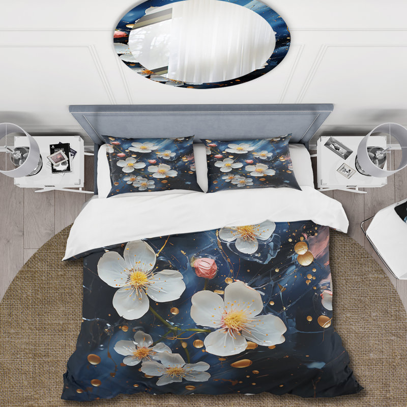 Ensemble de housse de couette blanc et bleu Cherry Blossoms Flow I - Tree Cherry Blossom