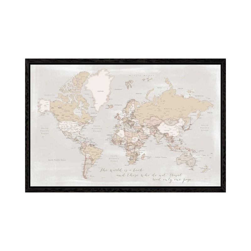 Rustic Detailed World Map The World Is A Book by Blursbyai - Floater Frame Gallery-Wrapped Canvas Giclée on Canvas, Black