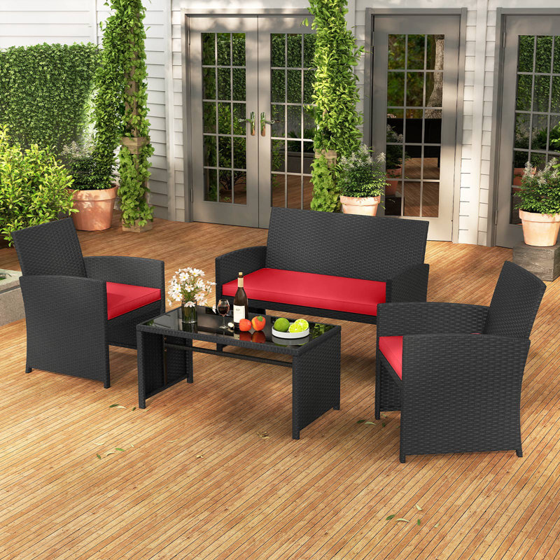 Set of 4 Patio Conversation Set w/Seat Cushions & Tempered Glass Tabletop Porch Outdoor, Red