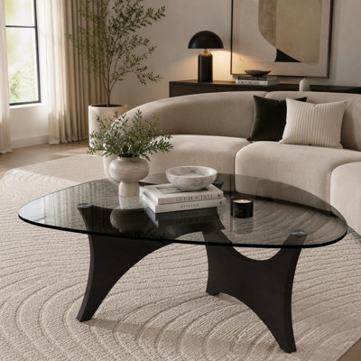 Modern Glass Coffee Table with Black Base and Low Profile Design