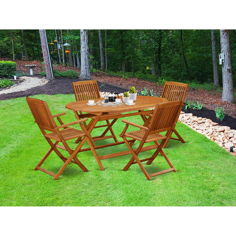 5 Piece Patio Bistro Dining Furniture Set Includes an Oval Outdoor Acacia Wood Table and 4 Folding Arm Chairs, 36x60 Inch, Natural Oil