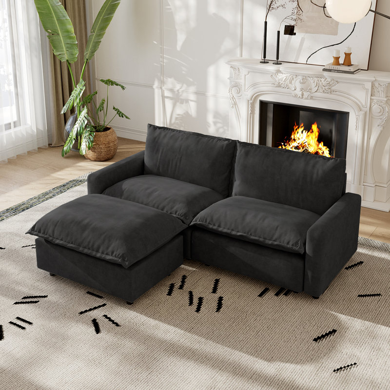 Canapé 3 pièces rembourré en tissu de lin avec repose-pieds pour petits espaces, Gris clair