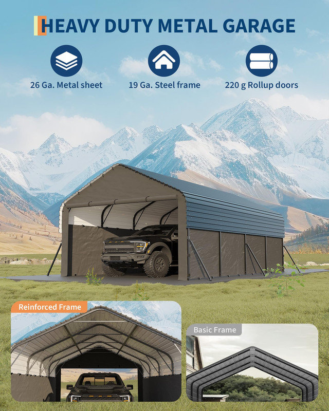 12' x 20' x 9' Enclosed Metal Carport with Heavy Duty Tarp - Durable Weatherproof Steel Frame for Full-Size Vehicles, Boats & Tractors