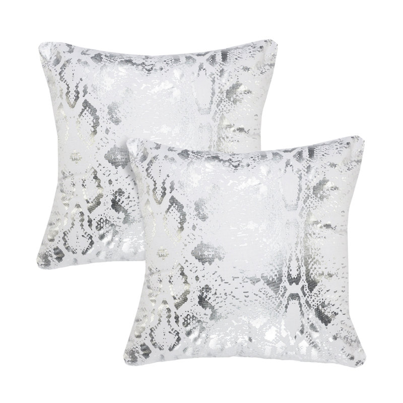 White Silver Cotton Snakeskin Throw Pillow Set, 20" x 20"