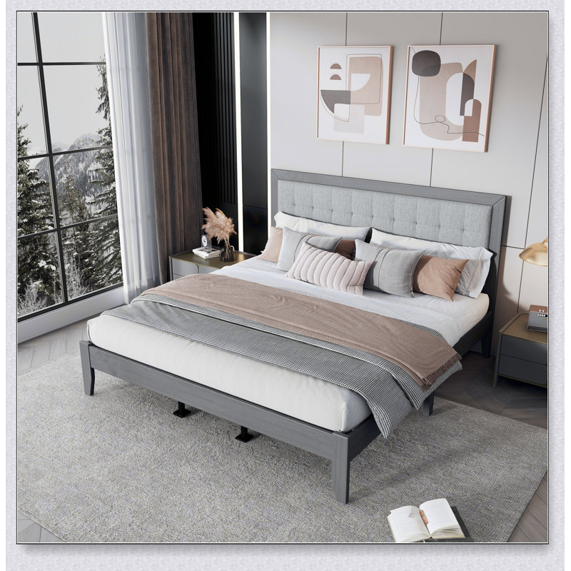 Solid Wood Platform Upholstered Headboard Bed