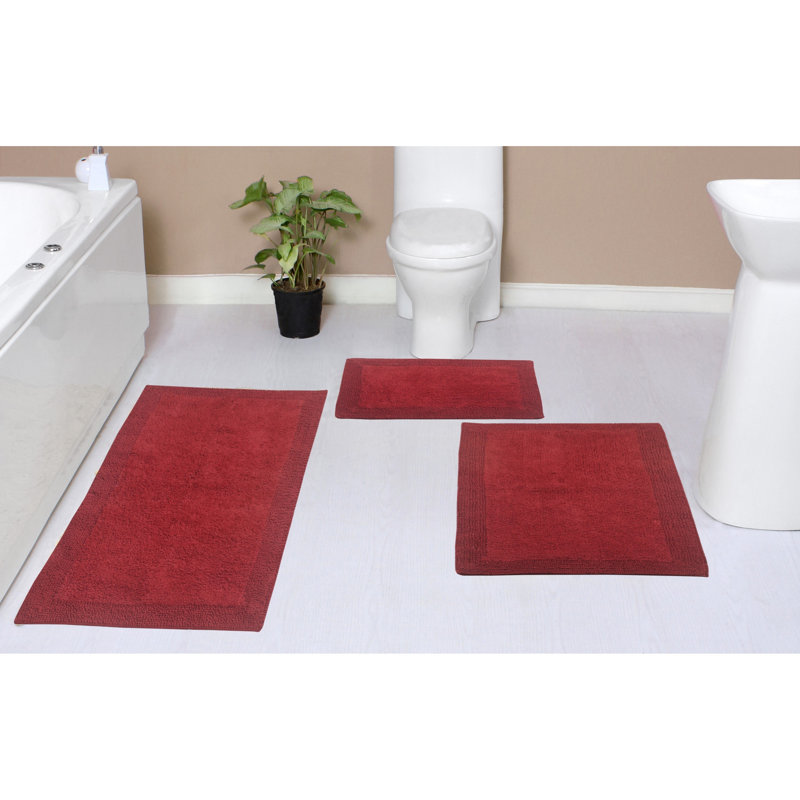 Tapis pour salle de bain réversible 100% coton bruxellois (ensemble de 3), Rouge