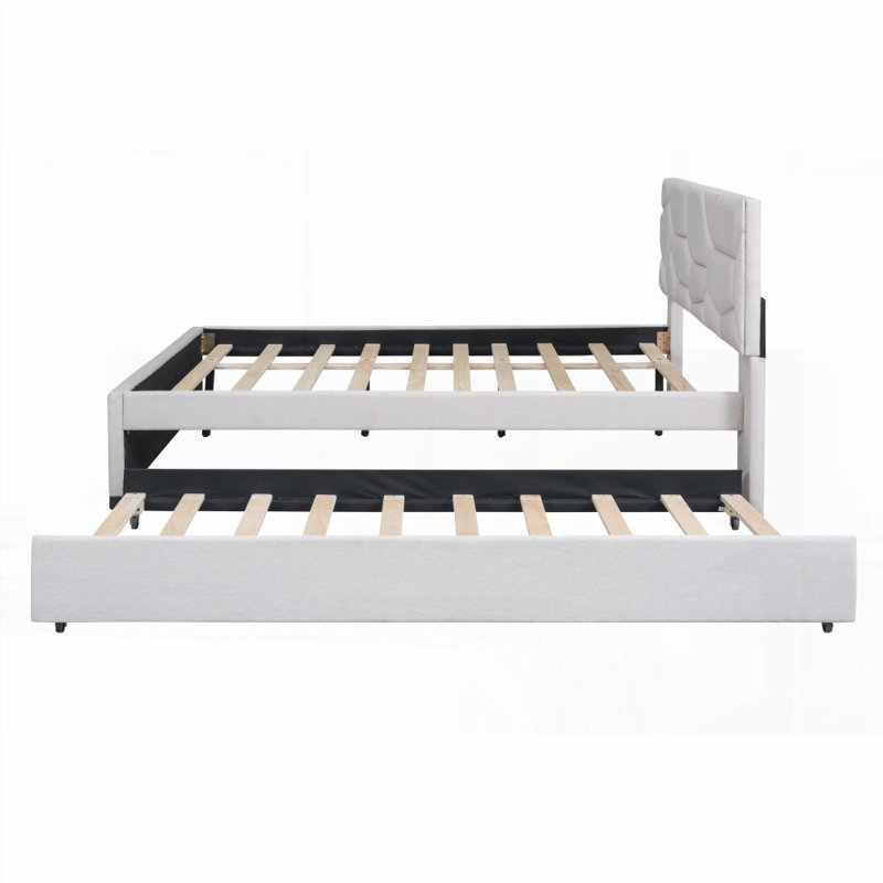 Full Size Upholstered Platform Bed with Brick Pattern Headboard &amp; Twin Trundle,Linen Fabric,Beige for Extra Space &amp; Sturdy Support
