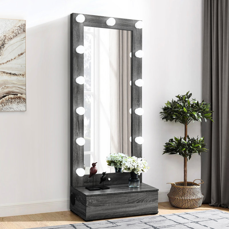 Grey Floor Length Mirror With Drawer, Led And Speakers, Solid Wood+, Perfect For Small Prefab Homes Tall Length, Wash Suitable Laundry Rooms