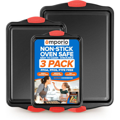 Baking Pan Set - Nonstick Coating, Carbon Steel Bakeware Set With Red Silicone Handles, Pfoa, Pfos, Ptfe Free, Recipe Booklet Included, Oven Safe Tray (up To 450° F), Set Of 3 - Black