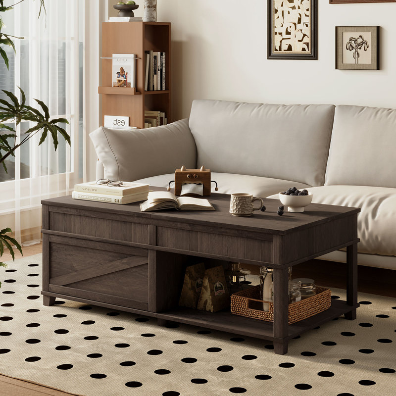 Table basse relevable avec compartiment caché et tablette de rangement ouverte, table de salon multifonctionnelle