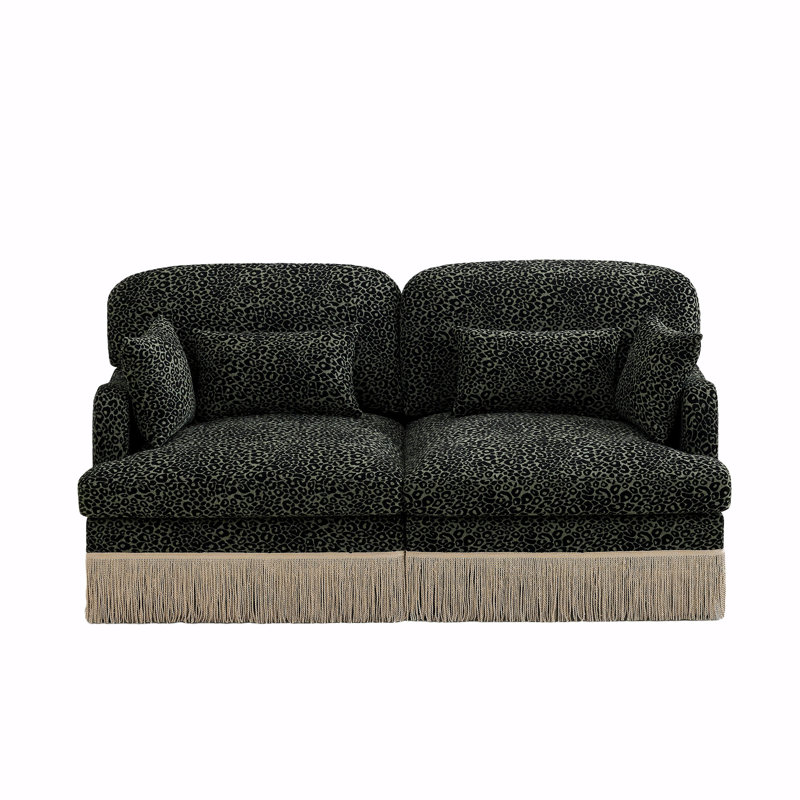 Comfy Chenille Leopard Printing Loveseat Sofa,Delicate Tassel Edge,Modern Fashion Modular Sectional Couch,Ergonomic Back And Seat Design, Easy Assembly,Deep Seat Couch For Living Room,Green Black