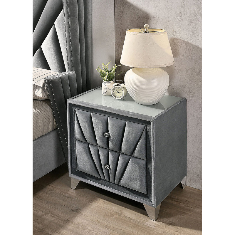 Table de chevet rembourrée en tissu avec deux tiroirs, un mélange parfait de style et de fonctionnalité pour le décor de votre chambre à coucher