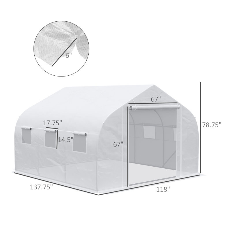 Serre de 12 pi x 10 pi avec structure en acier galvanisé Outsunny, porte en filet à fermeture à glissière et 6 fenêtres de ventilation, blanc
