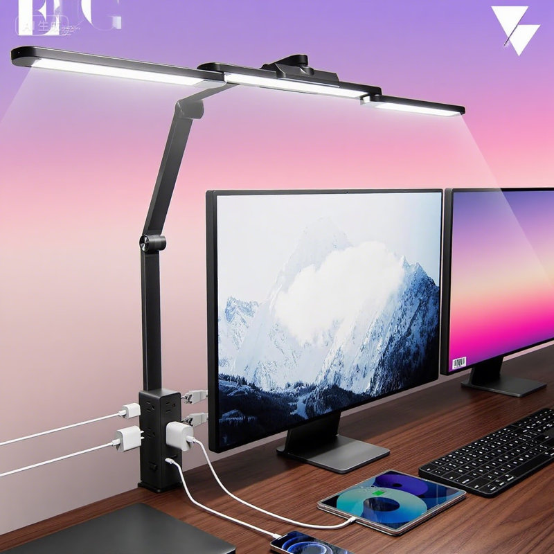 Lampe de bureau à DEL avec barrette d'alimentation intégrée, 6 prises de courant alternatif 2 ports USB, lumière architecte à pince, contrôle tactile et à onde, 5 couleurs de couleur à intensité variable pour un espace de travail de bureau à domicile
