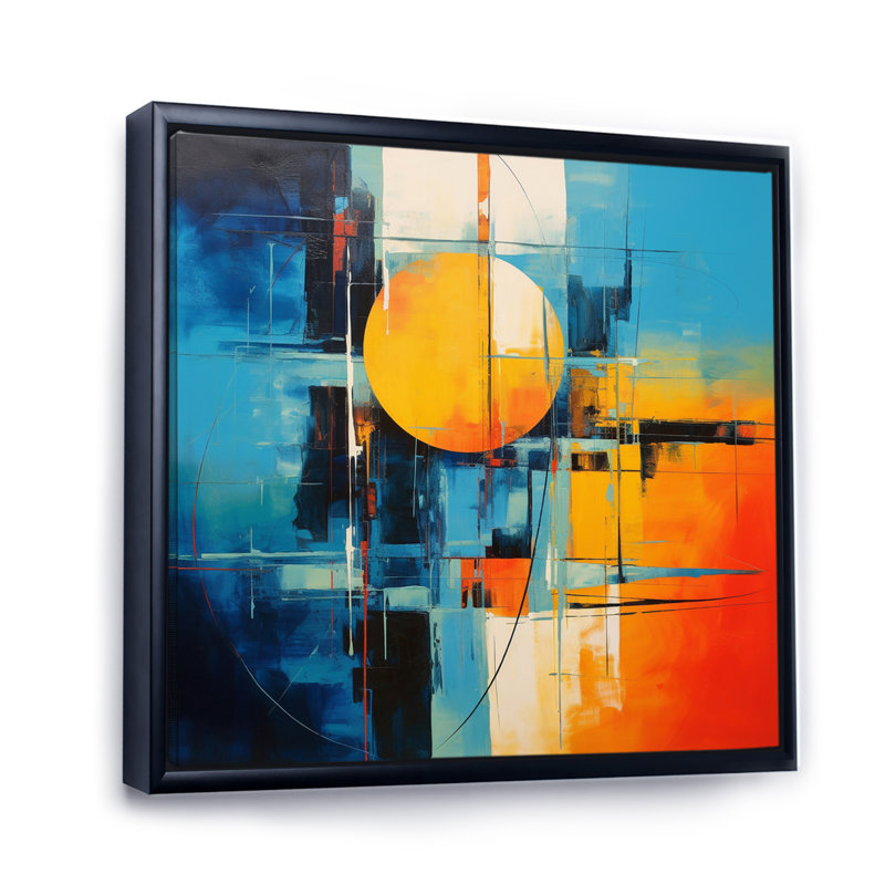 «Blue Orange Mid Century Abstract Reflections I», reproduction sur toile, Cadre flottant noir, H 24 po x l 24 po x P 1 po