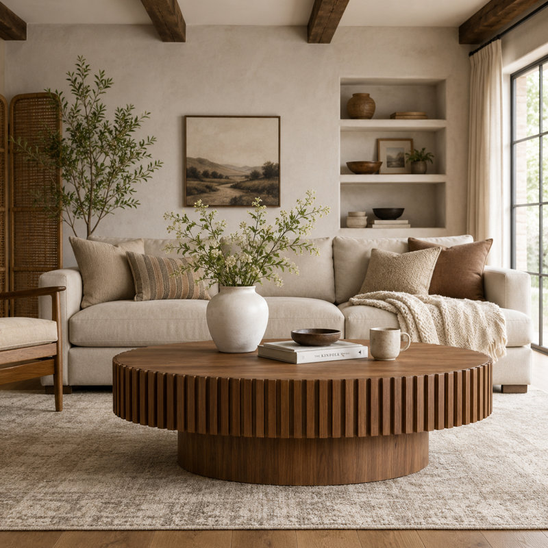Table basse cannelée avec pied central, Noyer