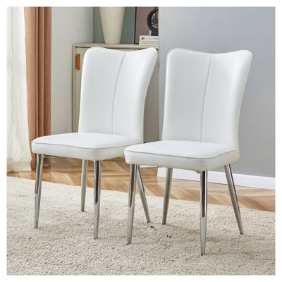 Set of 2 Modern White Dining Chairs with Silver Metal Legs - Ergonomic PU Leather Side Chairs for Kitchen & Living Room
