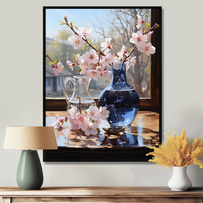 Nature morte, fleurs de cerisier roses, vase bleu - bouquets assortis