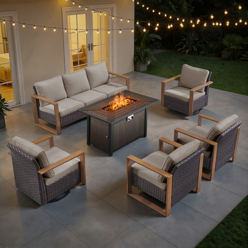 Drazen 7 - Person Patio Furniture Set With Fire Pit Table, All-Weather Wicker Outdoor Conversation Set With Chair And Thick Cushions