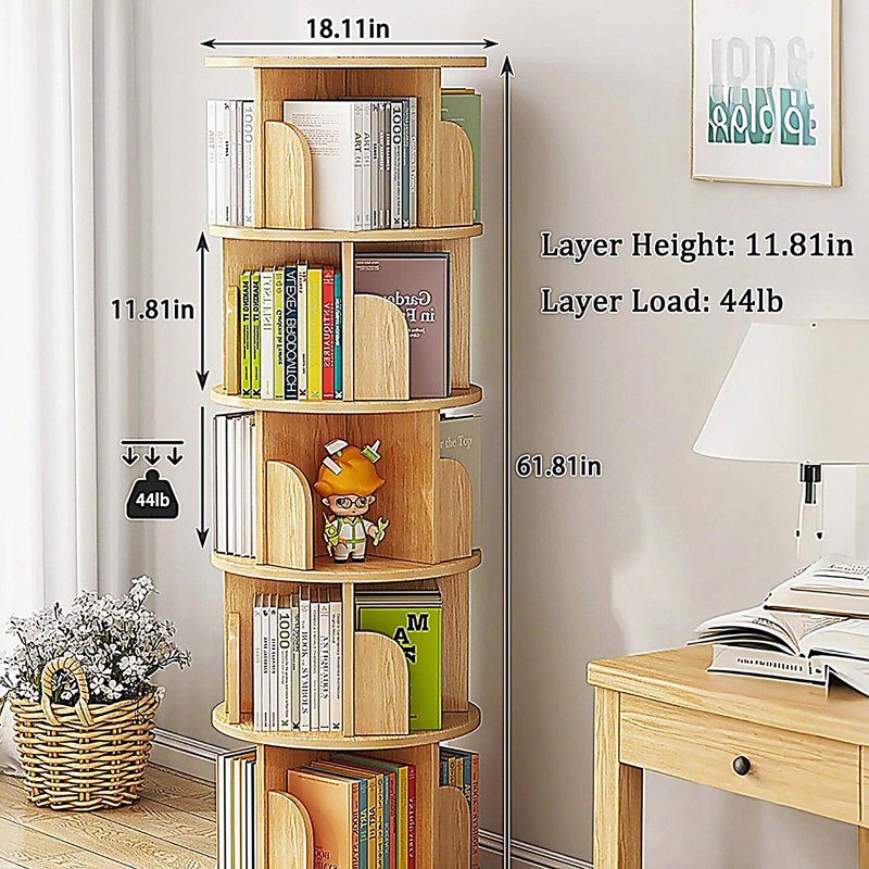 Bibliothèque rotative à 5 niveaux, 360 °, Bois