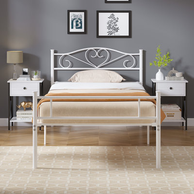 3-Piece White Metal Bed Frame Bedroom Set With 2 Nightstands, Iron Bed With Drawer & Open Shelf Side Tables, Modern Farmhouse Bedroom Furniture Set