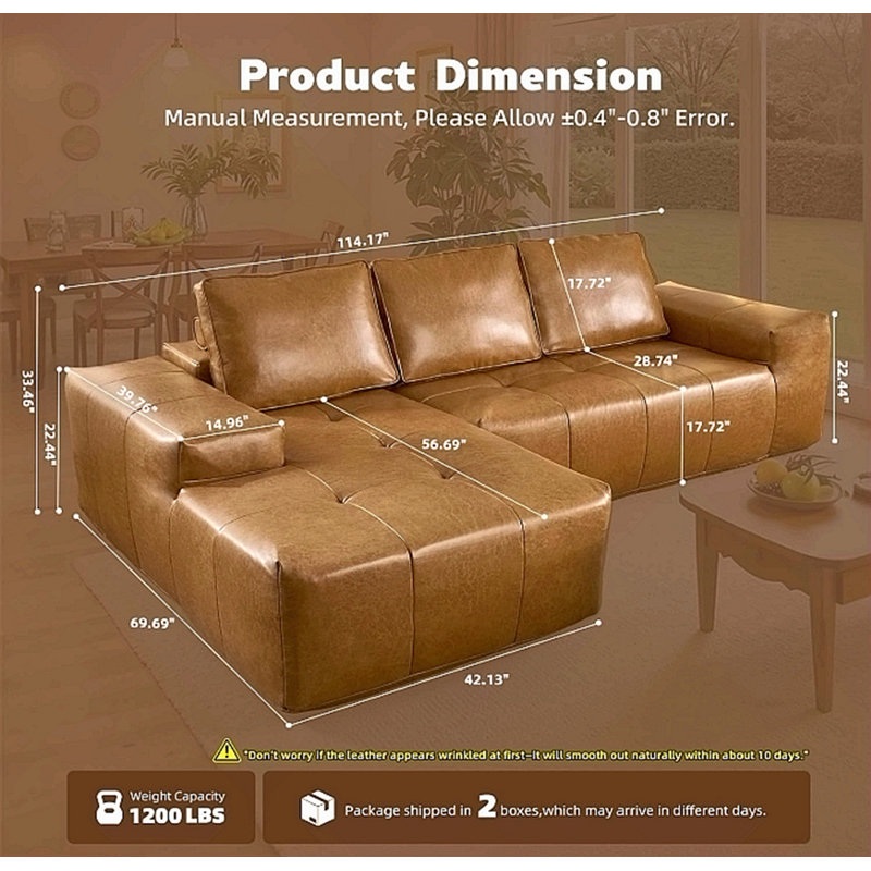 Canapés désossés pour le salon, canapés modulaires en similicuir brun avec méridienne, canapé modulaire en forme de L à assise profonde, canapés sans assemblage dans une boîte (gauche, similicuir)