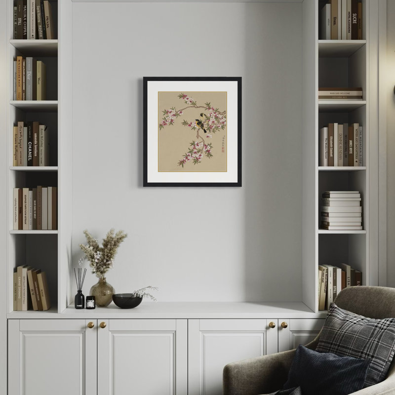 Peach Blossoms and Yellow Sparrows by Yu Zhi - Single Picture Frame Print, 21.5" H x 17.5" W x 1.3" D, Natural