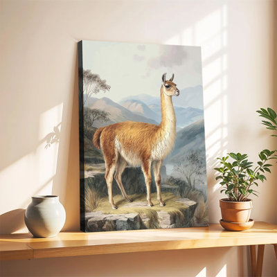 Illustration vintage d'un lama dans un paysage de montagne, grande toile tendue sur châssis pour salon ou chambre.