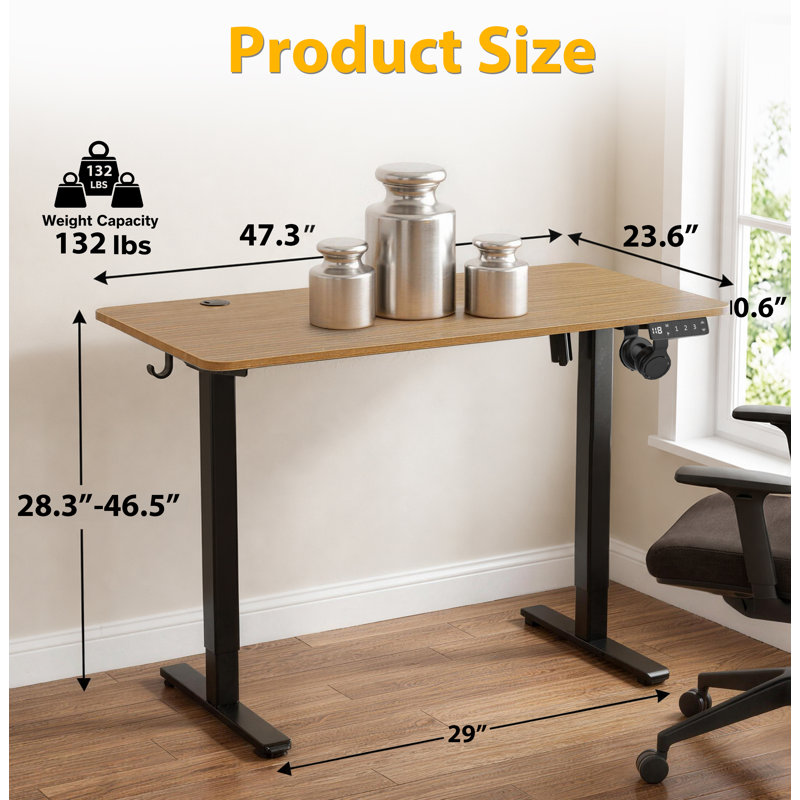 eDesk, Electric Desk 120cm  47.3"  Home Electric Height Adjustable Standing Desk, T-Shape Light Rustic Brown, Ergonomic Dual Monitor Workstation with 3 Height Memory Presets, Headphone Hook, Easy Assembly for Home Office, Bedroom & Study