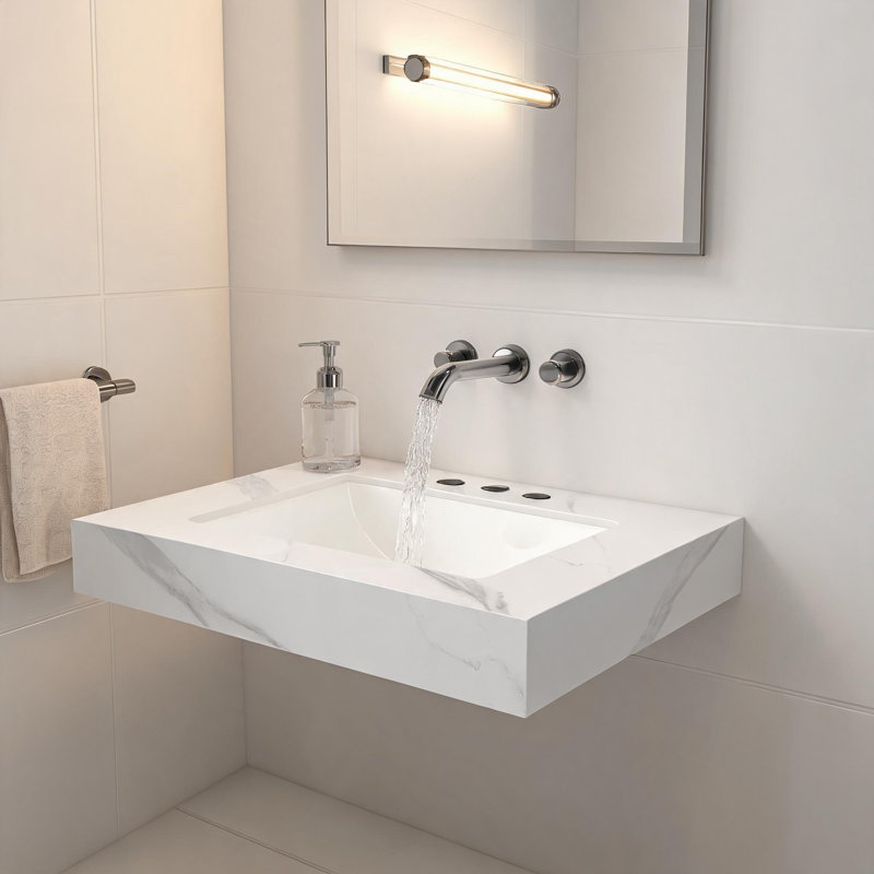 Comptoir en pierre frittée blanche de Carrare de 24 pouces et lavabo en céramique encastré avec trois trous prépercés pour robinetterie standard