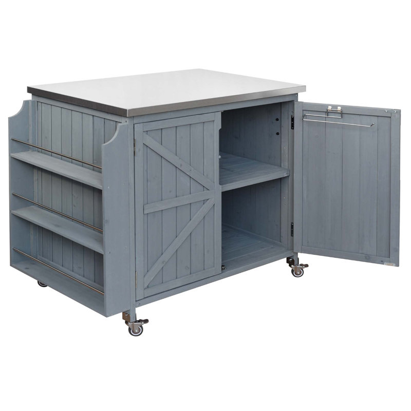 Mobile Outdoor Kitchen Island With Stainless Steel Tabletop, Spacious Storage Cabinet, Adjustable Shelf, Three-Tier Side Shelving, And Four Lockable Wheels For Versatile Food Prep And Grilling.