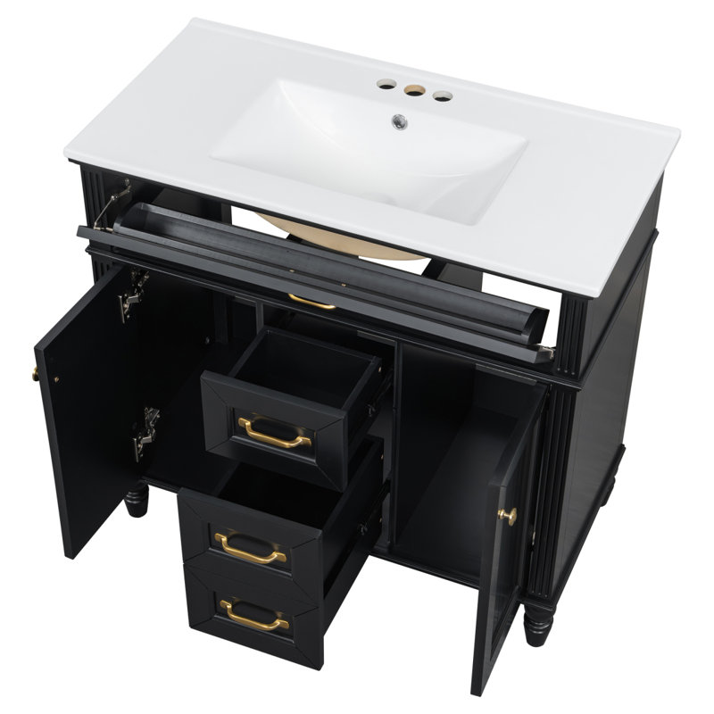 Meuble-lavabo 36 po avec lavabo, meuble autoportant noir avec cuve en céramique, cadre en bois aggloméré et en bois massif, tiroir supérieur rabattable, portes à fermeture en douceur, 2 tiroirs de rangement, poignées dorées