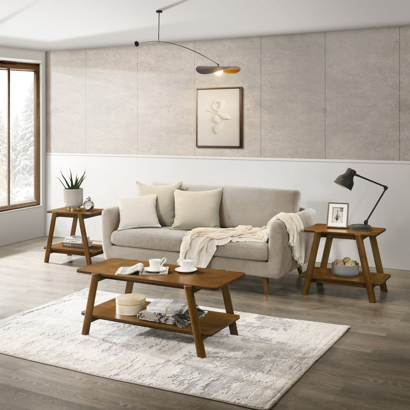 Mid-Century Modern Wood Shelf Coffee Table Set, 3