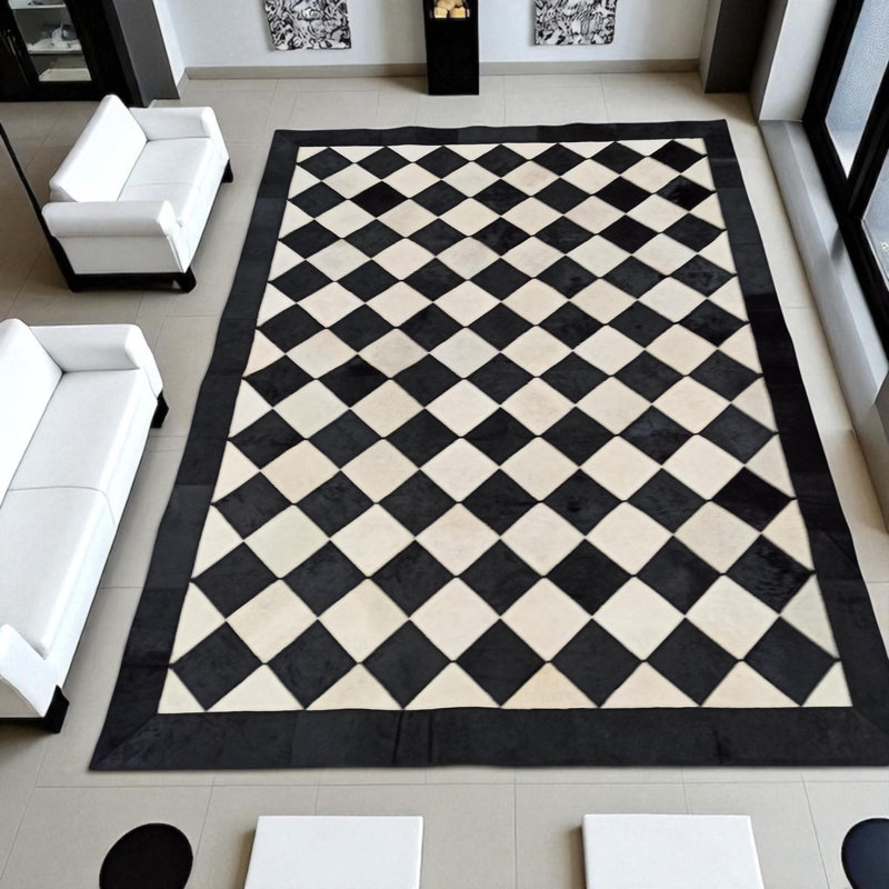 Tapis en cuir de vache à carreaux noir et blanc_3 x 5 pi, Rectangulaire 3 pi x 5 pi