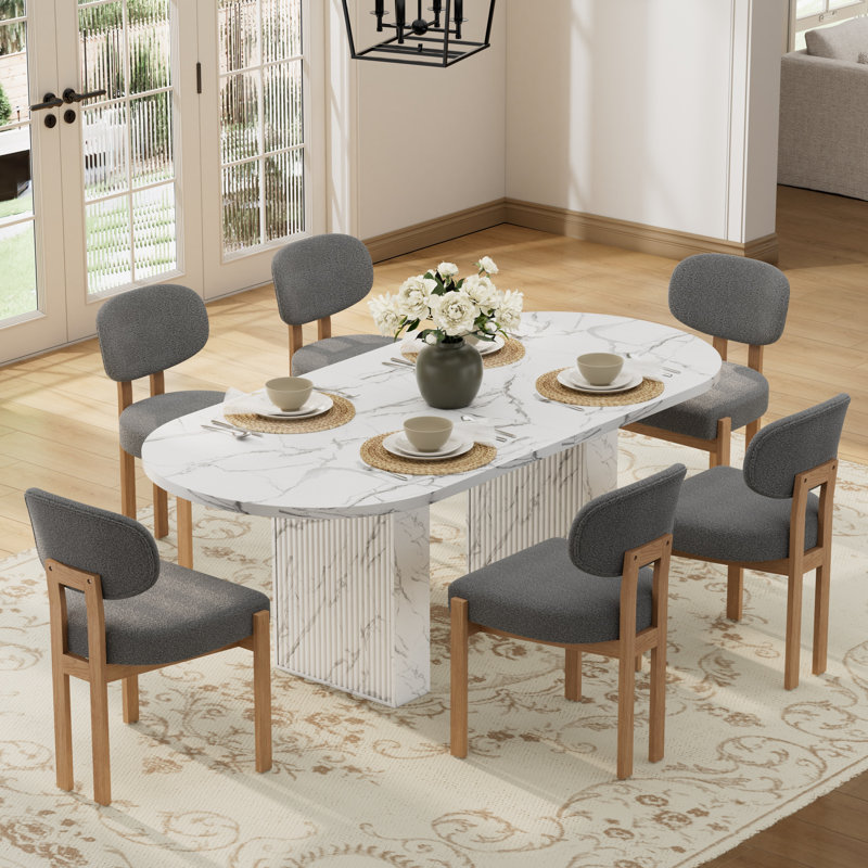 Ensemble de table de cuisine ovale à double piédestal, 7 Pieces: Table, 6 Chairs, Grey