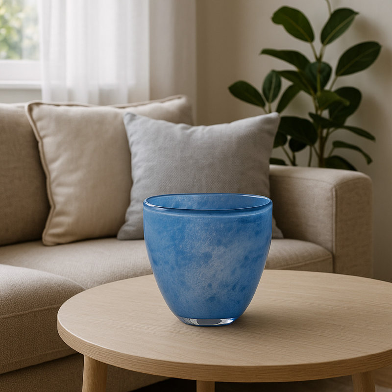 Vase décoratif Lesy, bord libre, verre soufflé bleu riche 16 pouces