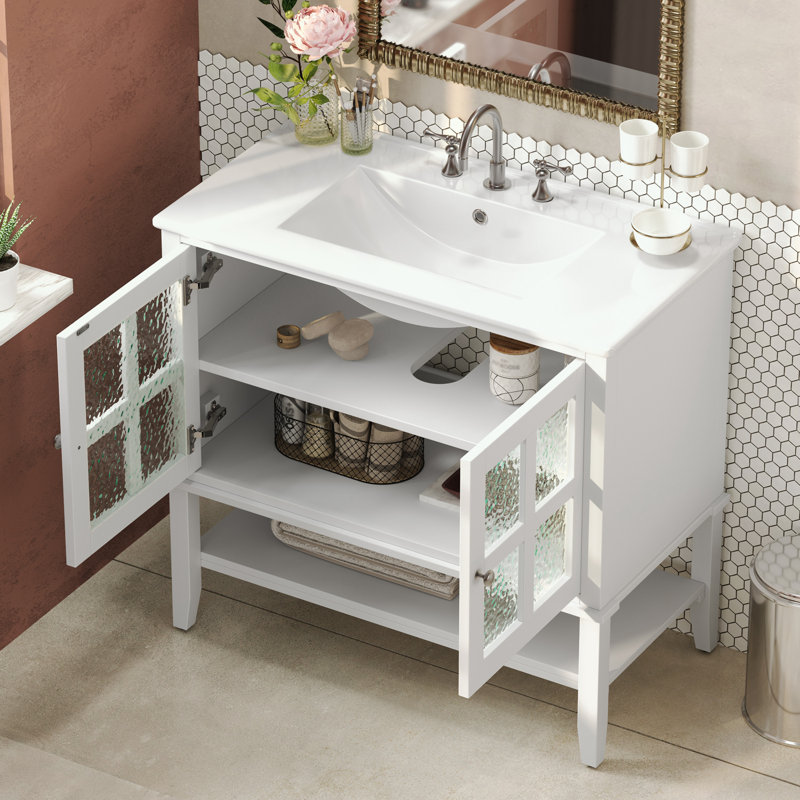 Bathroom Vanity with Ceramic Sink, Adjustable Shelf and open bottom shelf, White