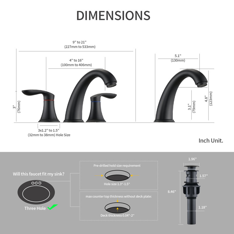 Widespread 2-handle Bathroom Faucet with Drain Assembly, Matte Black