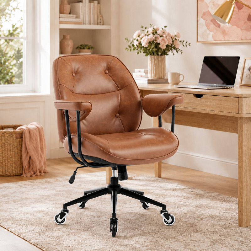 Retro Faux Leather Mid-Back Office Chair with Removable Arms, Ergonomic Swivel Desk Chair with Rubber Wheels, Adjustable Tilt, Lumbar Support