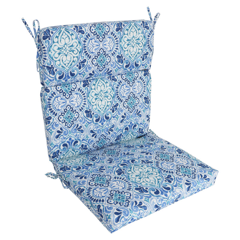 Outdoor Seat/Back Chair Cushion, 18" W x 18" D, White/Blue/Fiorella Baltic Moroccan