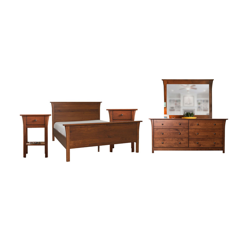 Ensemble de grand lit 5 pièces Erie, commode miroir, bois brun cerise Erie