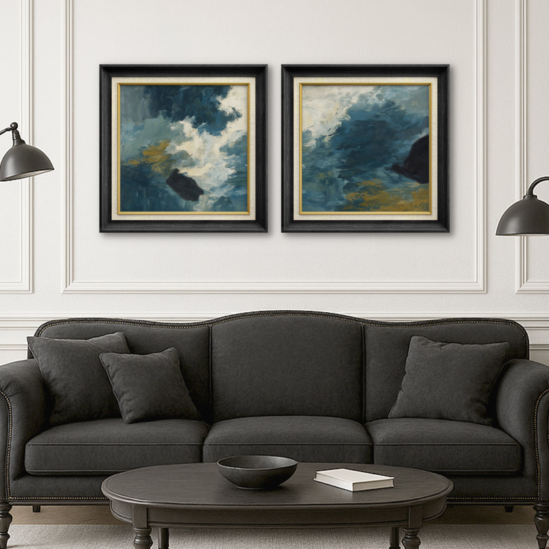 «Blue and White Abstract Ocean Motion», impression encadrée sur papier dans la chambre des maîtres, 2 pièces