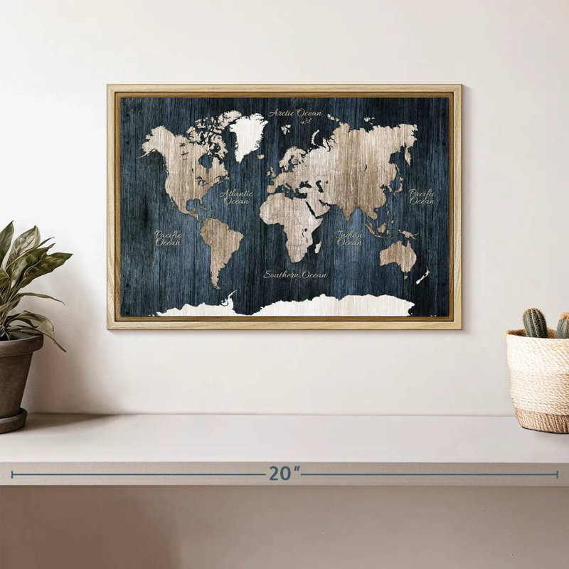 Carte du monde en bois vieilli, 13 po x 9 po, Cadre flottant en bois naturel