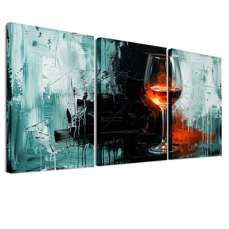 Ensemble de 3 tableaux muraux abstraits en toile représentant un verre à vin ambré sur fond turquoise et noir.
