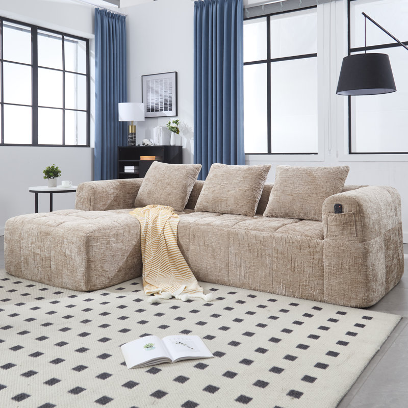 Chenille Boucle Sectional L Shape Sofa Oversized Sleeper Sofa Couch, Khaki Chenille