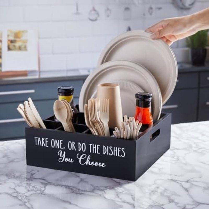 Distributeur d'assiettes en papier pour comptoir - Organisateur de porte-ustensiles en bois pour la fête - Porte-ustensiles pour assiette, tasse, fourchette, cuillère - Porte-couverts avec poignées pour cuisine